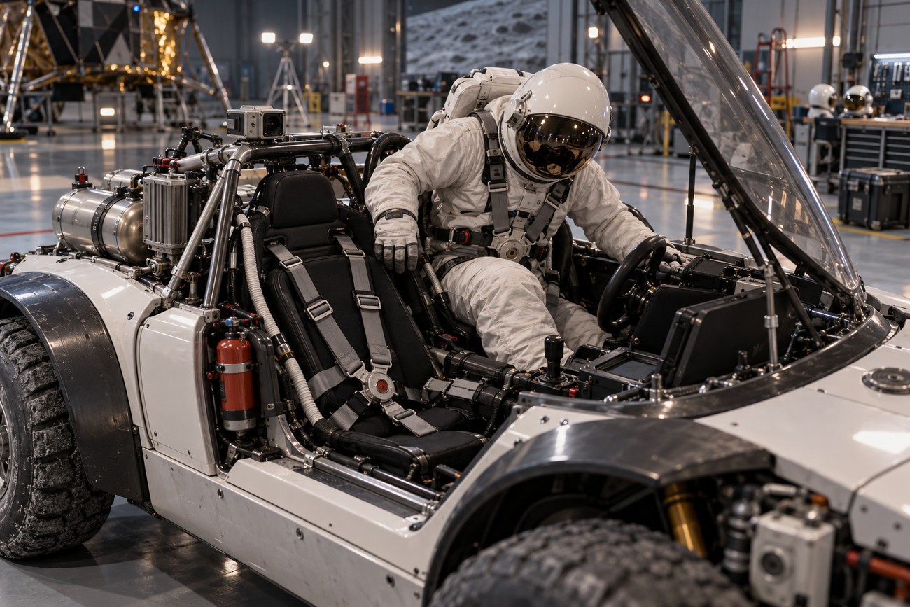 An astronaut wearing a white spacesuit sitting inside the cockpit of a lightweight lunar exploration concept car