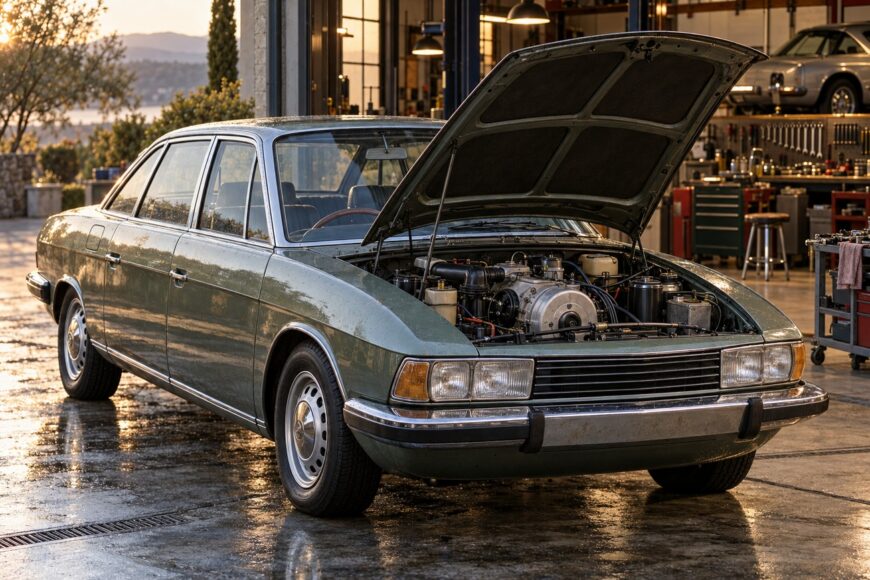 Green NSU Ro 80 classic sedan with open hood showcasing its rotary engine parked inside a workshop at sunset