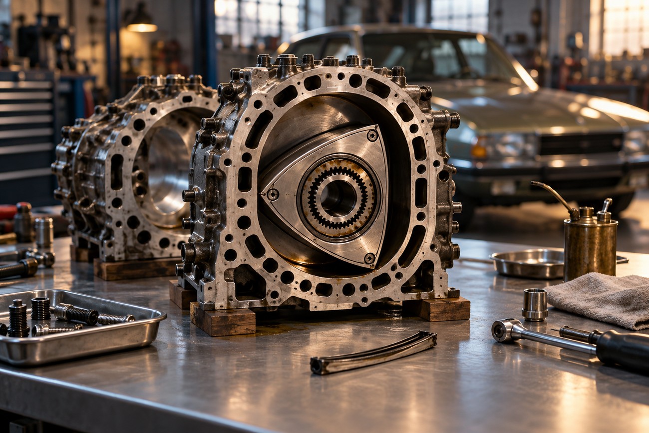 Disassembled Wankel rotary engine housing and rotor on a metal workbench inside a classic car workshop