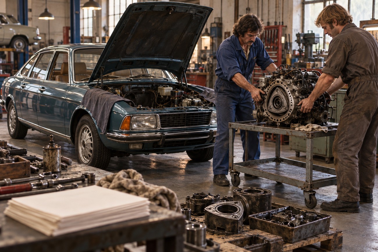 Two mechanics working on a Wankel rotary engine on a cart next to a blue NSU Ro 80 sedan with its hood open in a repair shop