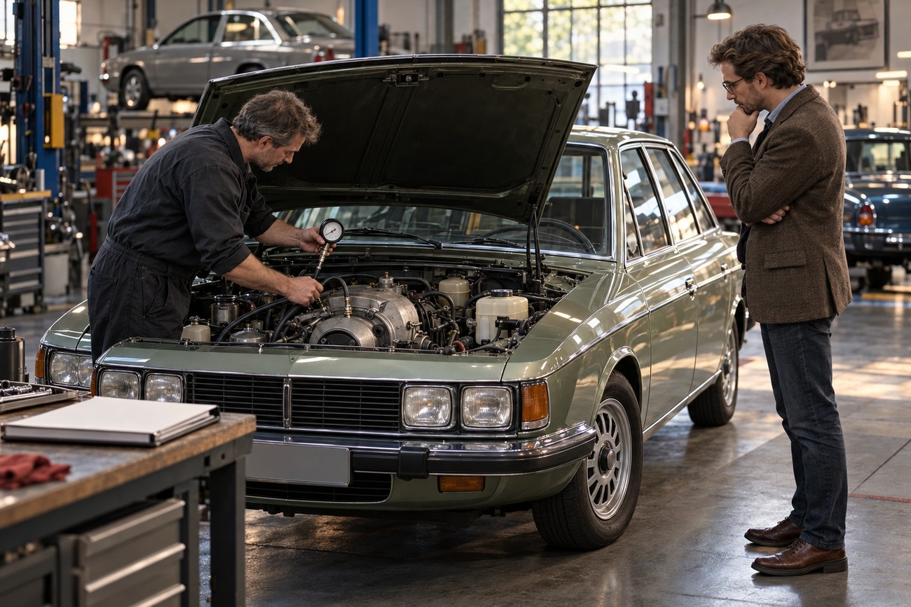 Mechanic examining the rotary engine of an NSU Ro 80 sedan with a client watching in a workshop