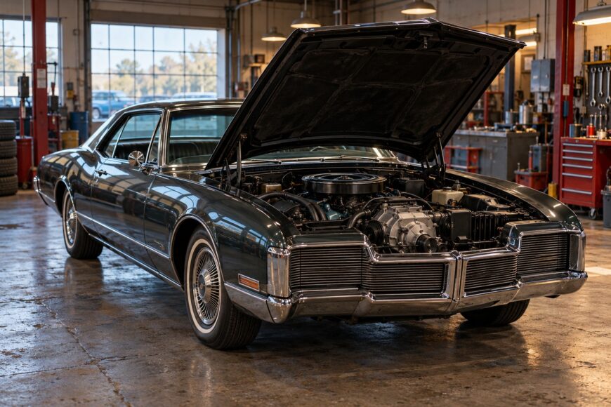 Classic dark green Oldsmobile Toronado with an open hood parked inside a brightly lit auto repair garage