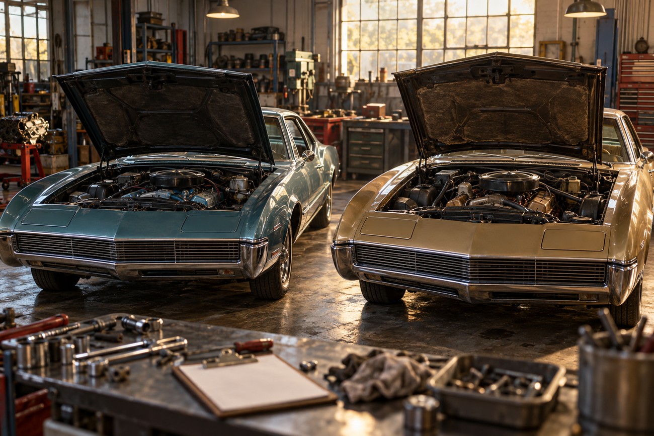 Two classic Oldsmobile Toronado cars with open hoods revealing their large V8 engines parked inside a vintage auto repair shop
