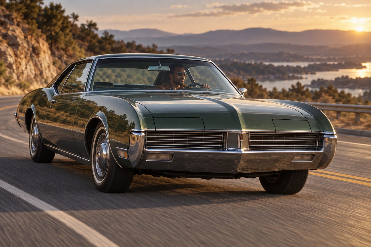 A classic dark green Oldsmobile Toronado coupe driving on a winding coastal road at sunset