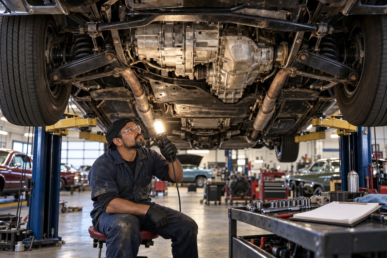 A mechanic in safety glasses uses a work light to inspect the front-wheel drive transmission and chassis of an Oldsmobile Toronado raised on a lift in a garage
