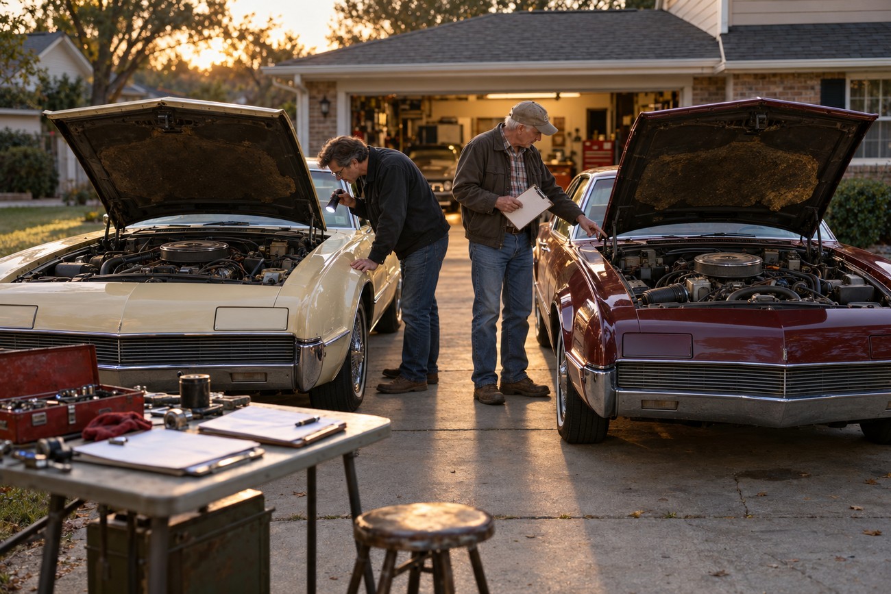 Two mature men inspecting the open V8 engines of two classic Oldsmobile Toronado cars in a driveway at sunset