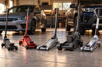 Five different hydraulic floor jacks lined up on a concrete garage floor with two cars parked in the background