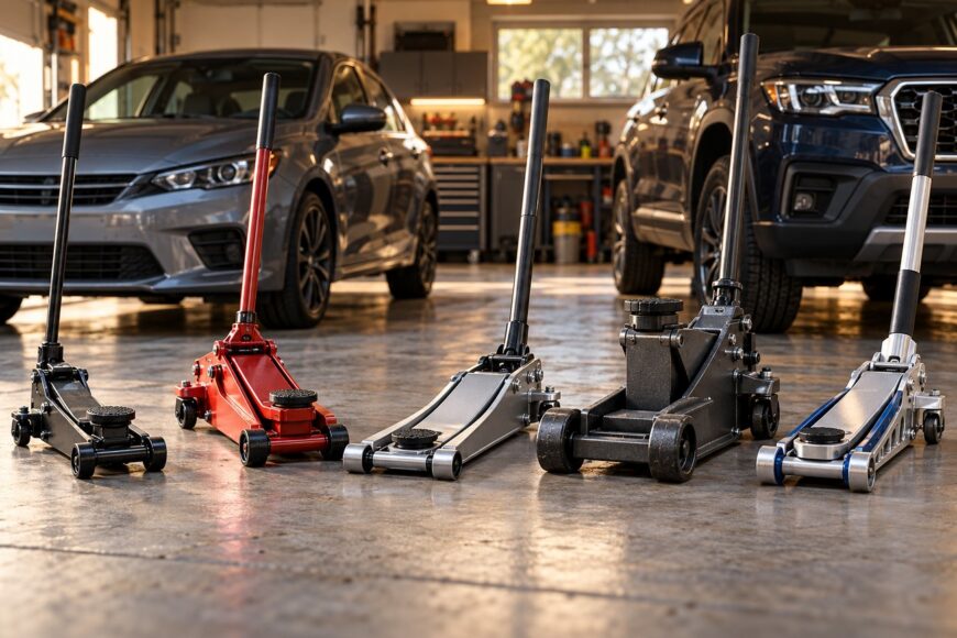 Five different hydraulic floor jacks lined up on a concrete garage floor with two cars parked in the background