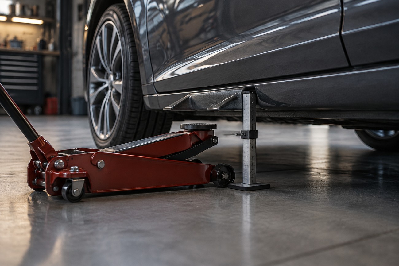 A red hydraulic floor jack lifting the side of a modern car inside a home garage on a concrete floor