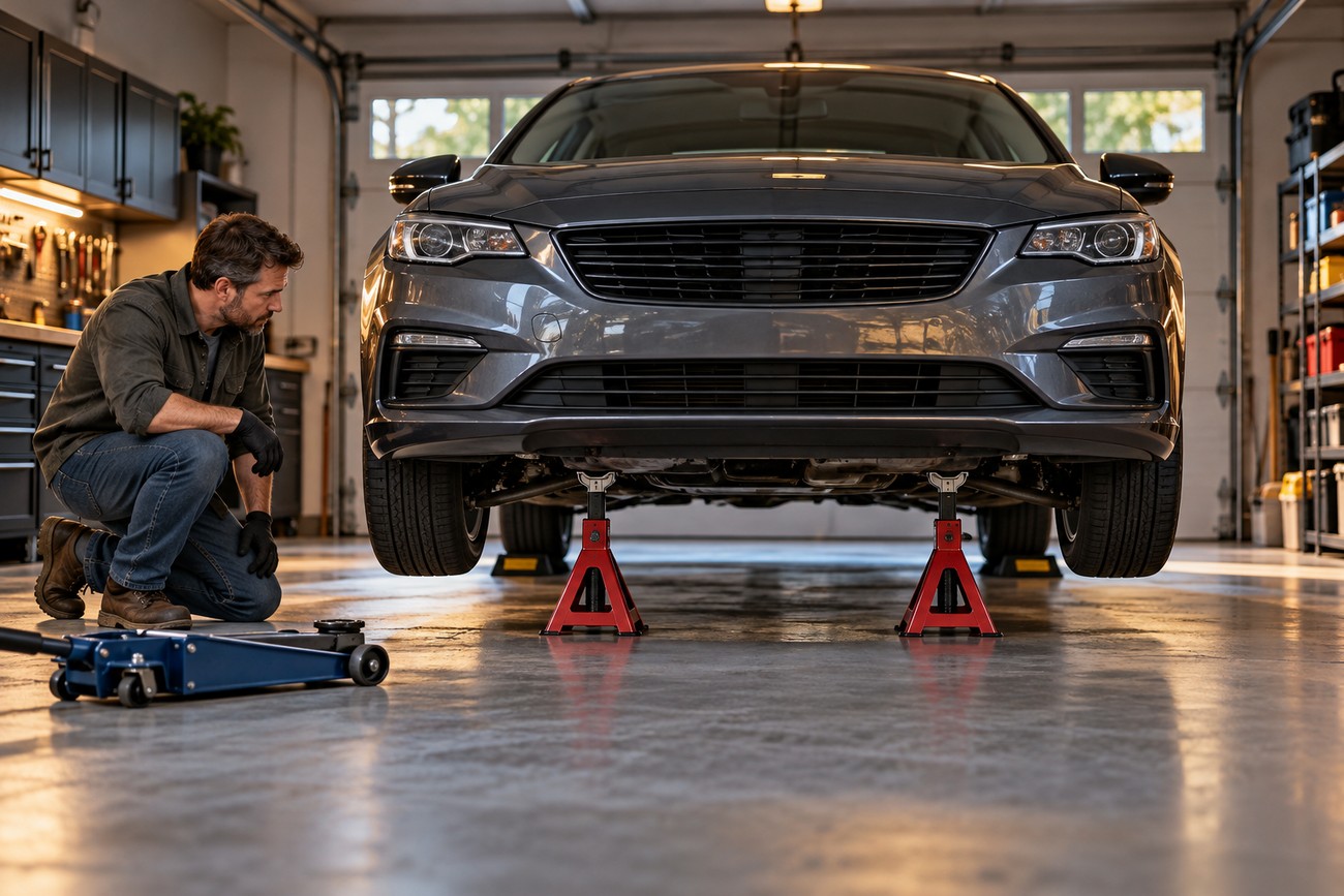 A man crouching in a home garage next to a blue floor jack while inspecting a car supported by red jack stands