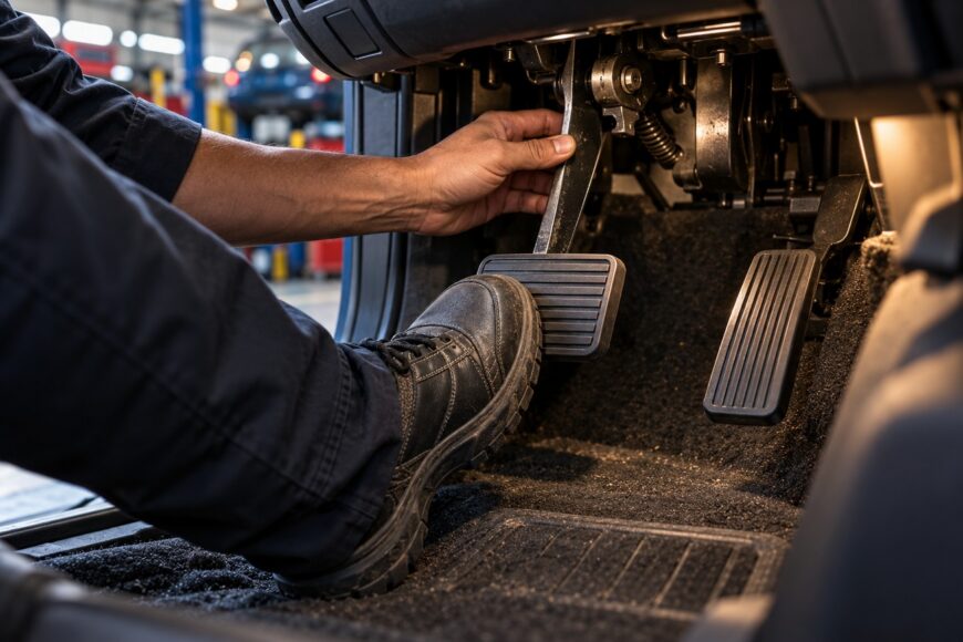 Mechanic pressing a car brake pedal with a work boot while checking the linkage mechanism under the dashboard