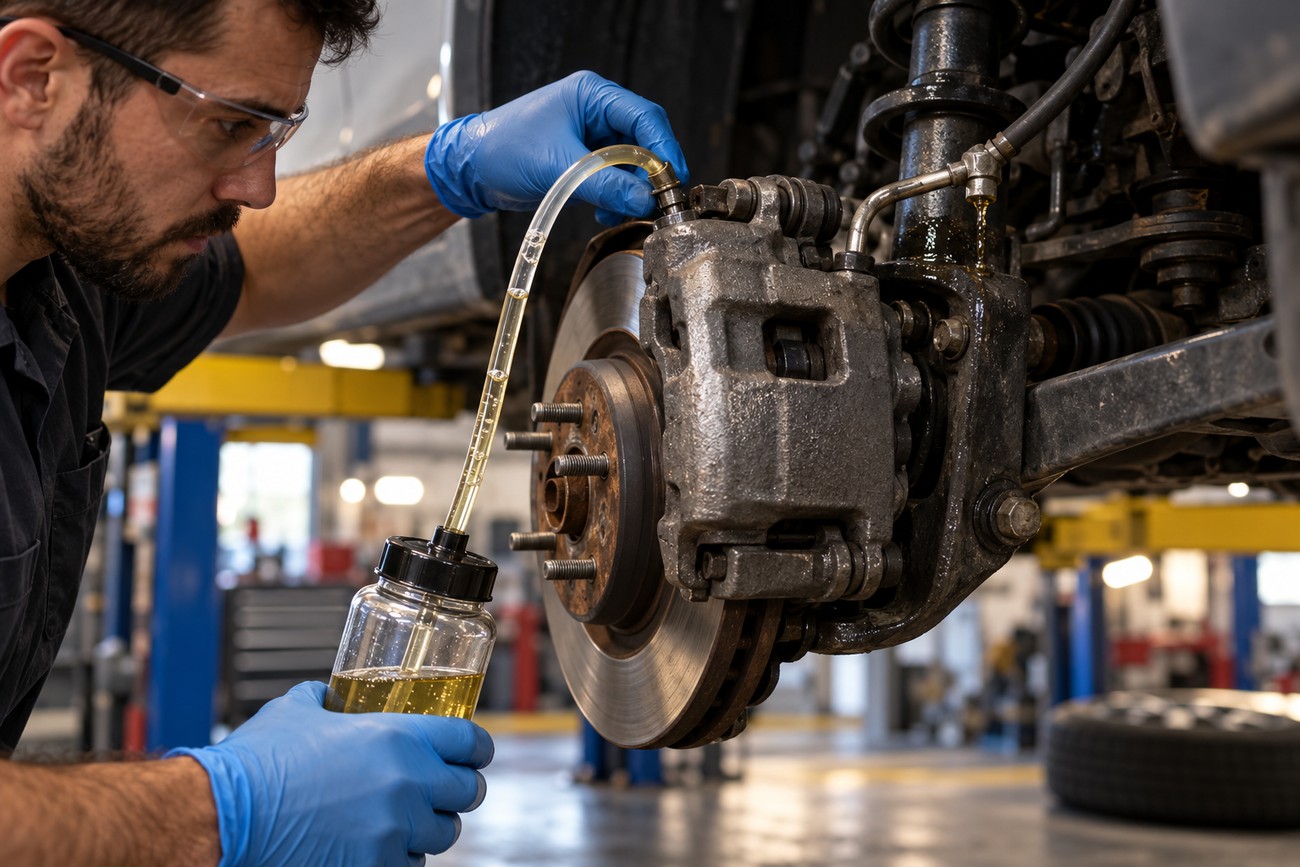 A mechanic in safety glasses and blue gloves bleeding the brake system on a vehicle