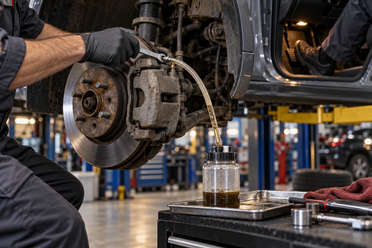 A mechanic wearing black gloves bleeding the brake system of a car in a repair shop while draining fluid into a container