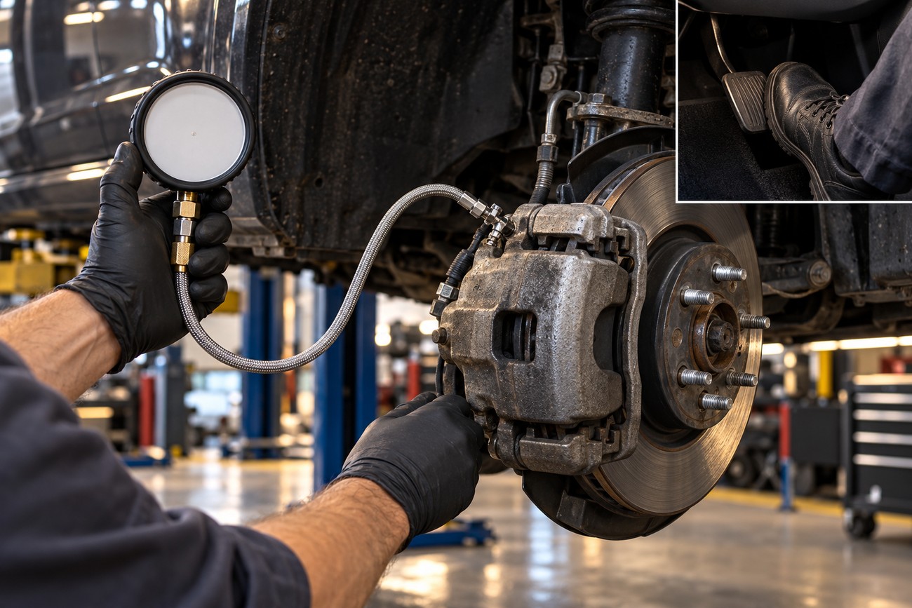 Mechanic wearing black gloves testing brake system pressure with a gauge near a car disc brake