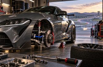Close-up of a gray sports car suspension in a garage with a blue adjustable sway bar and tools nearby
