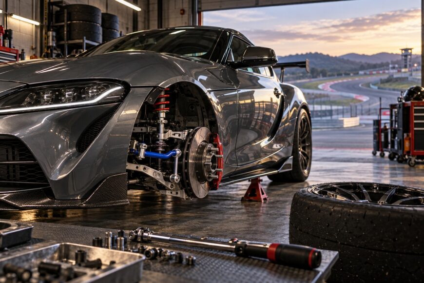 Close-up of a gray sports car suspension in a garage with a blue adjustable sway bar and tools nearby