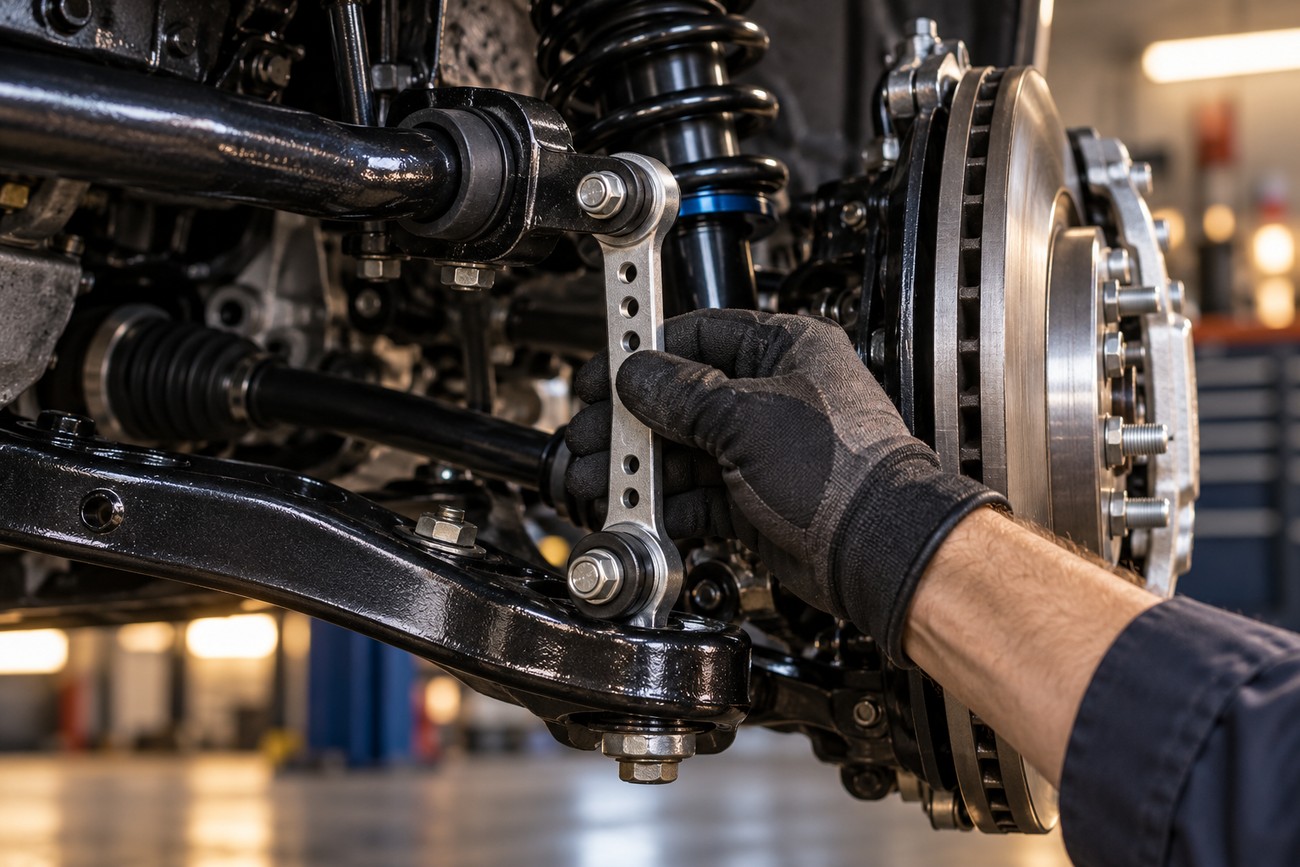 Mechanic wearing gloves adjusting a performance sway bar link connected to a vehicle suspension system