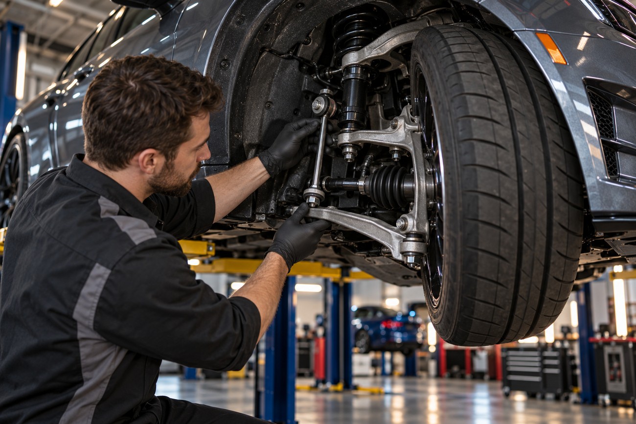 Mechanic wearing black gloves installing an adjustable sway bar link on a car suspension in a workshop