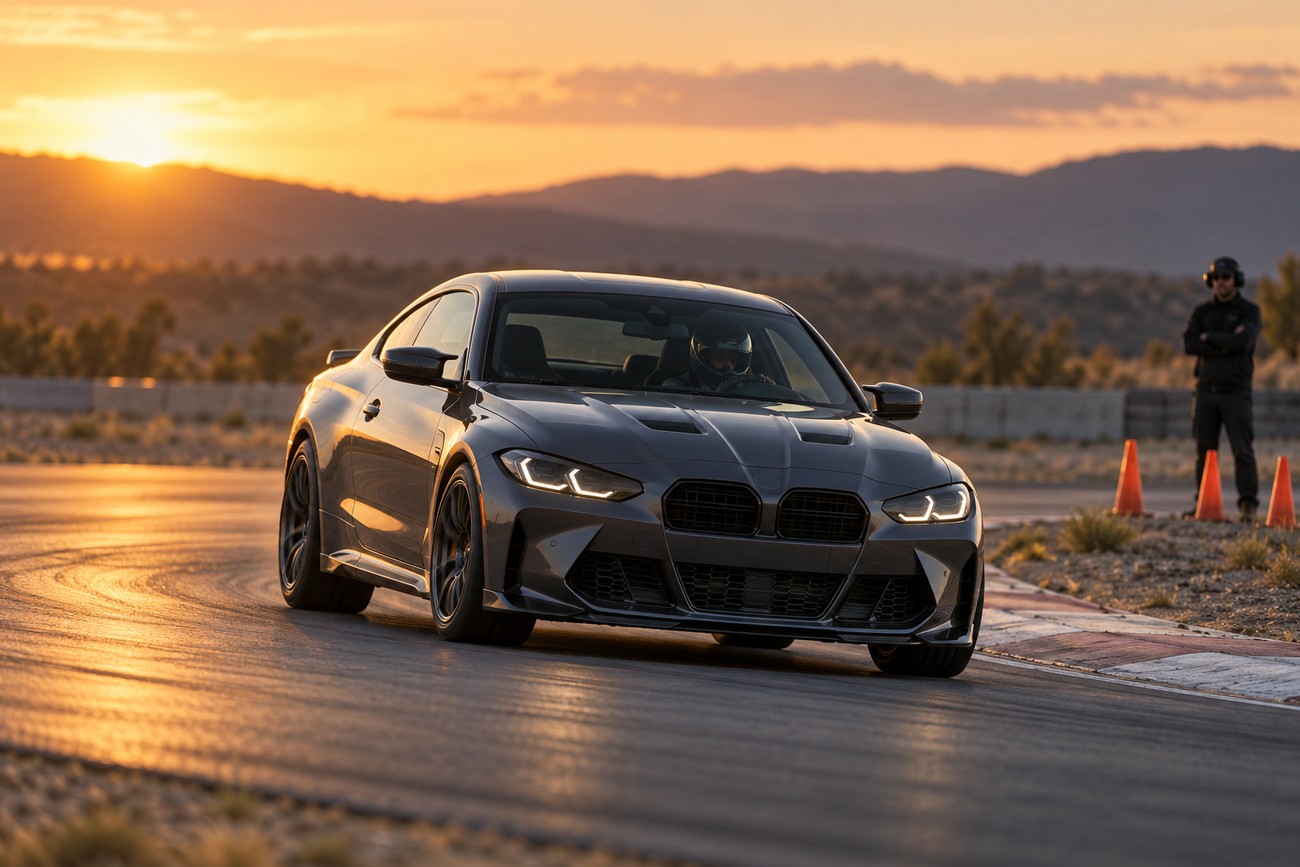 A modern grey sports car cornering aggressively on a racetrack during sunset with hills in the background