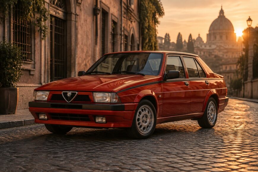A classic red Alfa Romeo 75 Twin Spark sedan parked on a cobblestone street in Rome at sunset