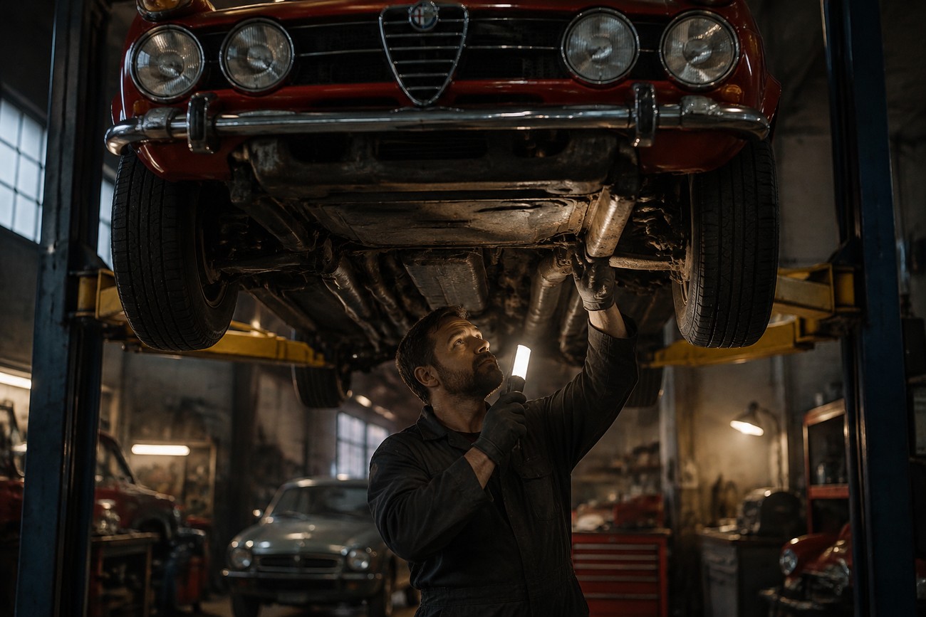 A mechanic in overalls inspects the undercarriage of a classic red Alfa Romeo sedan raised on a hydraulic lift using a flashlight