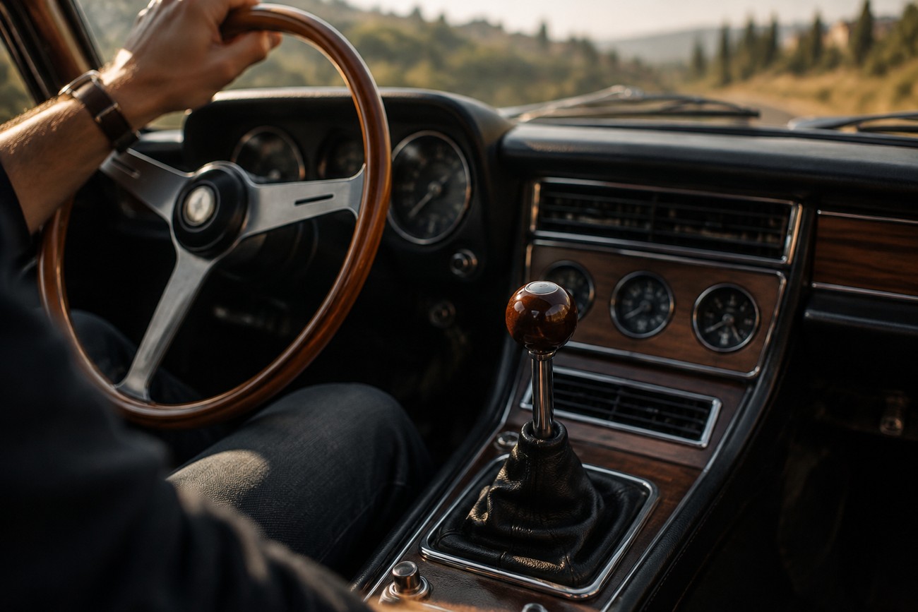 Driver holding the wooden steering wheel inside the classic Alfa Romeo 75 sedan with a manual gear shifter on the center console