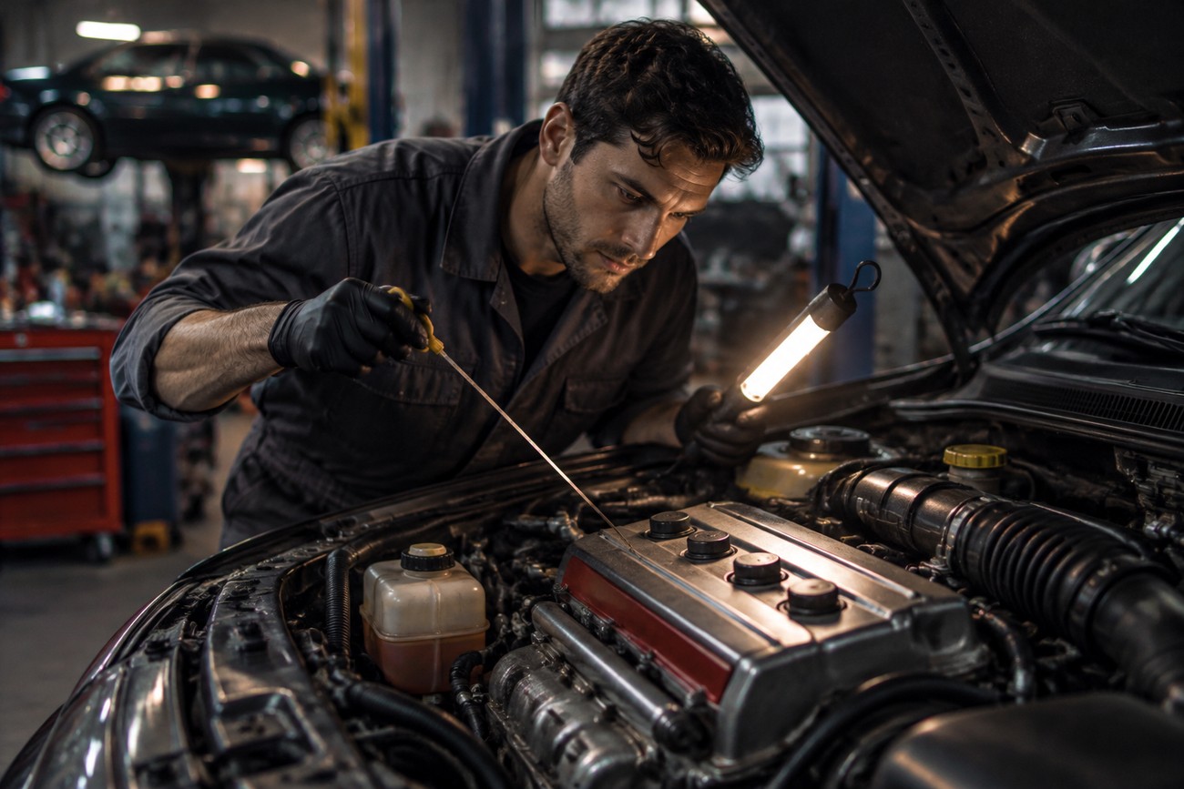 A mechanic in overalls inspecting the engine bay of an Alfa Romeo 75 Twin Spark sedan with a work light