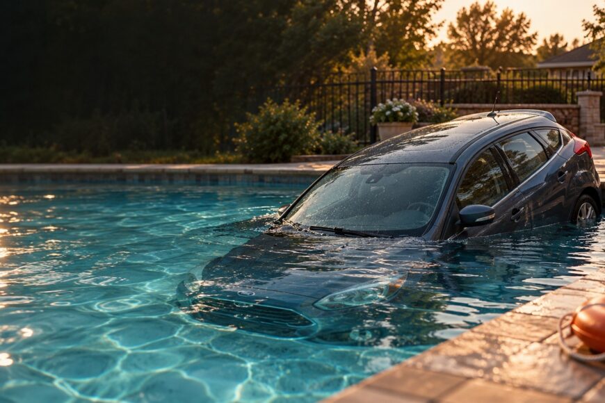 A dark gray Ford Focus car submerged nose-first in clear blue backyard swimming pool water at sunset