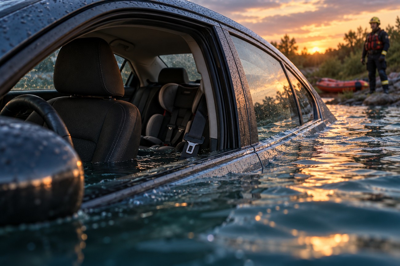 A Ford Focus partially submerged in water during sunset with a rescue worker standing on the shore