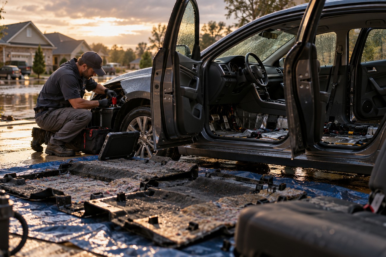 Mechanic inspecting and repairing a water-damaged Ford Focus with stripped interior parts laid out on a tarp outside