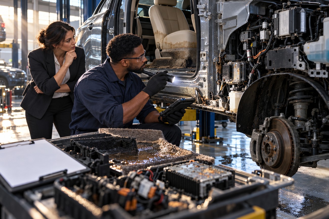 A mechanic inspecting water and mud damage inside a Ford Focus with an adjuster watching in a repair shop