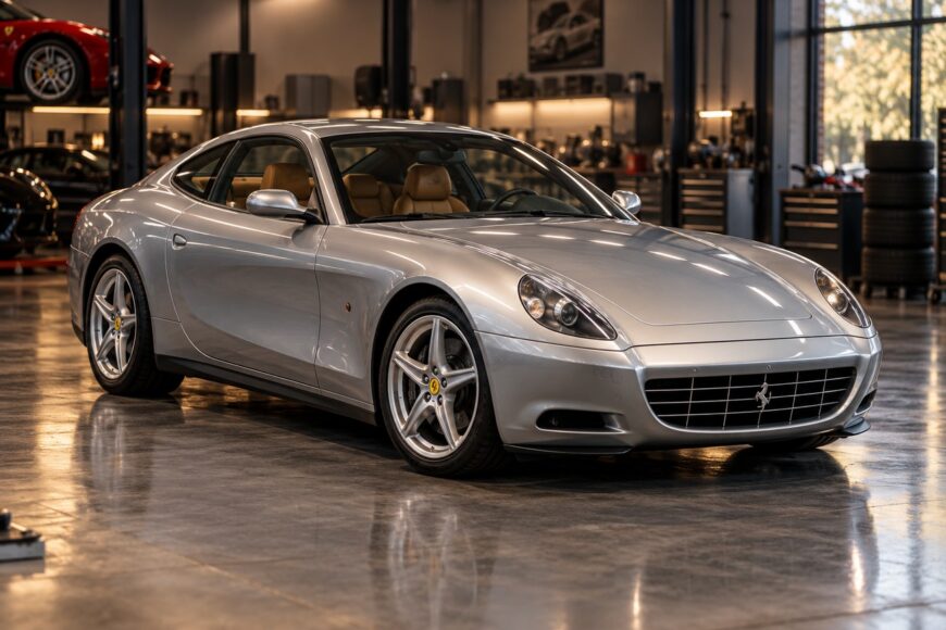 Silver Ferrari 612 Scaglietti grand tourer parked inside a well-lit professional garage with polished concrete floors