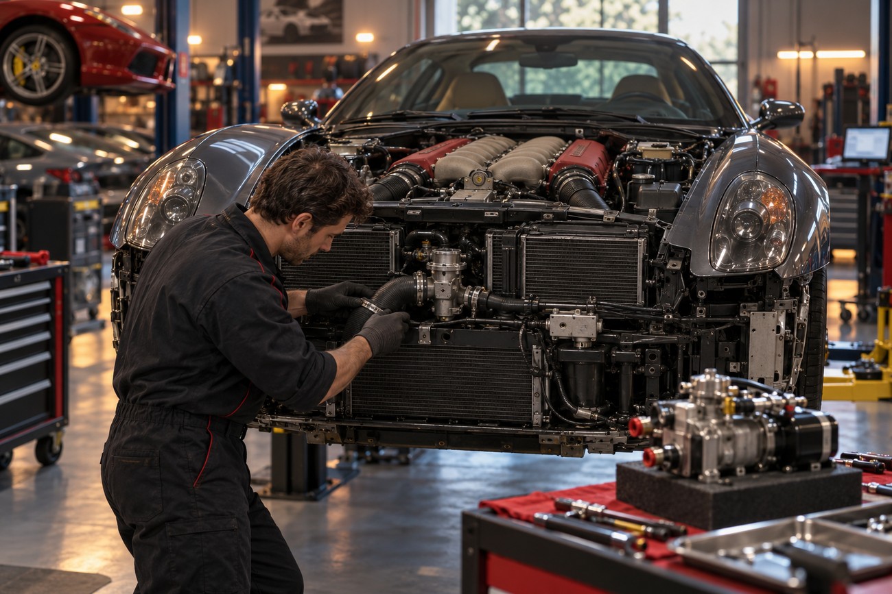 A mechanic in black overalls servicing the front engine bay of a grey Ferrari 612 Scaglietti in a workshop