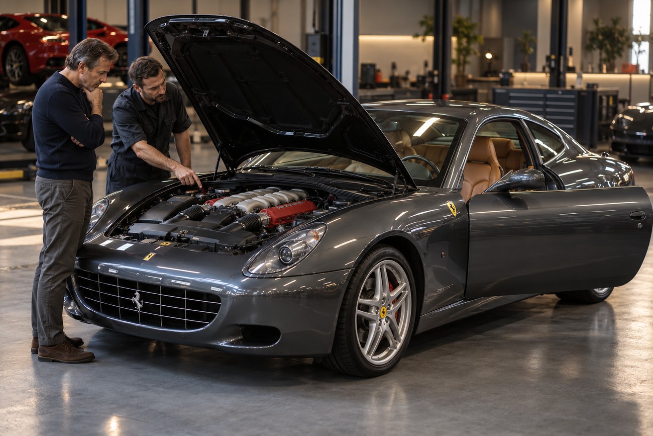 A mechanic showing the V12 engine compartment of a grey Ferrari 612 Scaglietti to a customer in a workshop