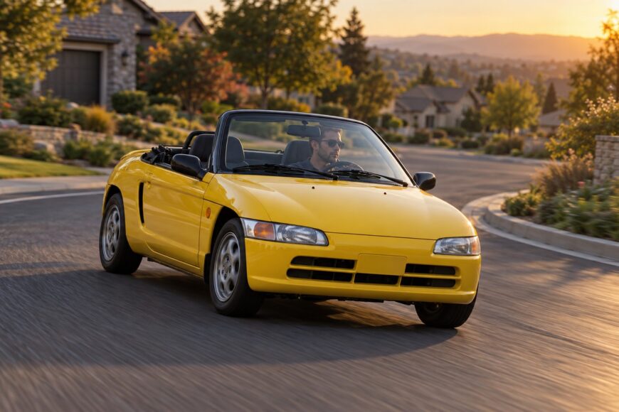 A yellow Honda Beat convertible kei car driving along a suburban street at sunset with a driver