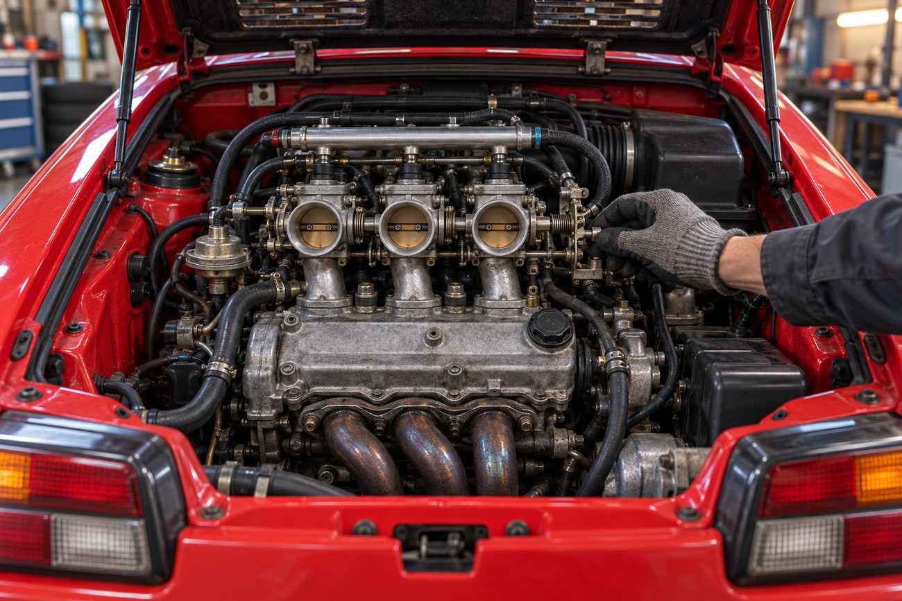 A mechanic wearing a glove adjusts the throttle linkage on the mid-mounted engine of a red Honda Beat kei car