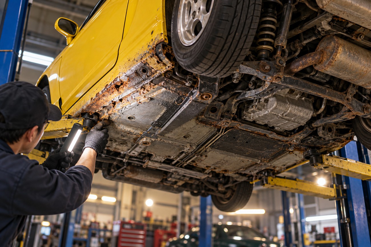 Mechanic using a flashlight to inspect heavy rust on the undercarriage and sill of a yellow Honda Beat lifted on a hoist