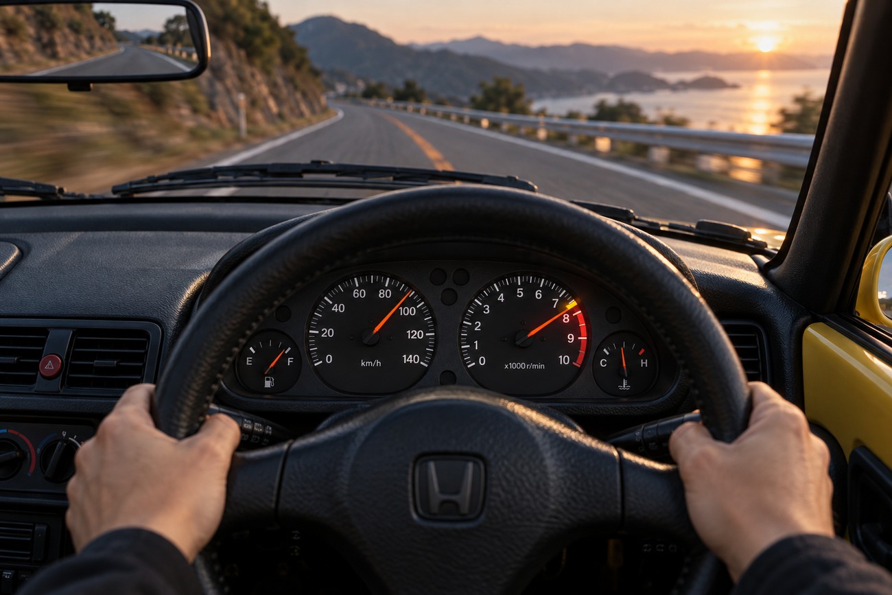 Driver holding the steering wheel of a Honda Beat looking at the dashboard gauges while driving on a coastal road during sunset