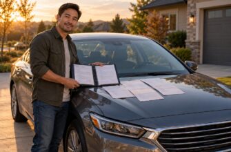 A smiling man holds a folder with service records standing next to his car with maintenance documents on the hood