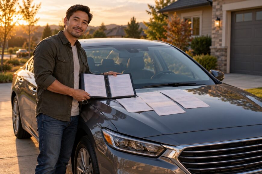 A smiling man holds a folder with service records standing next to his car with maintenance documents on the hood