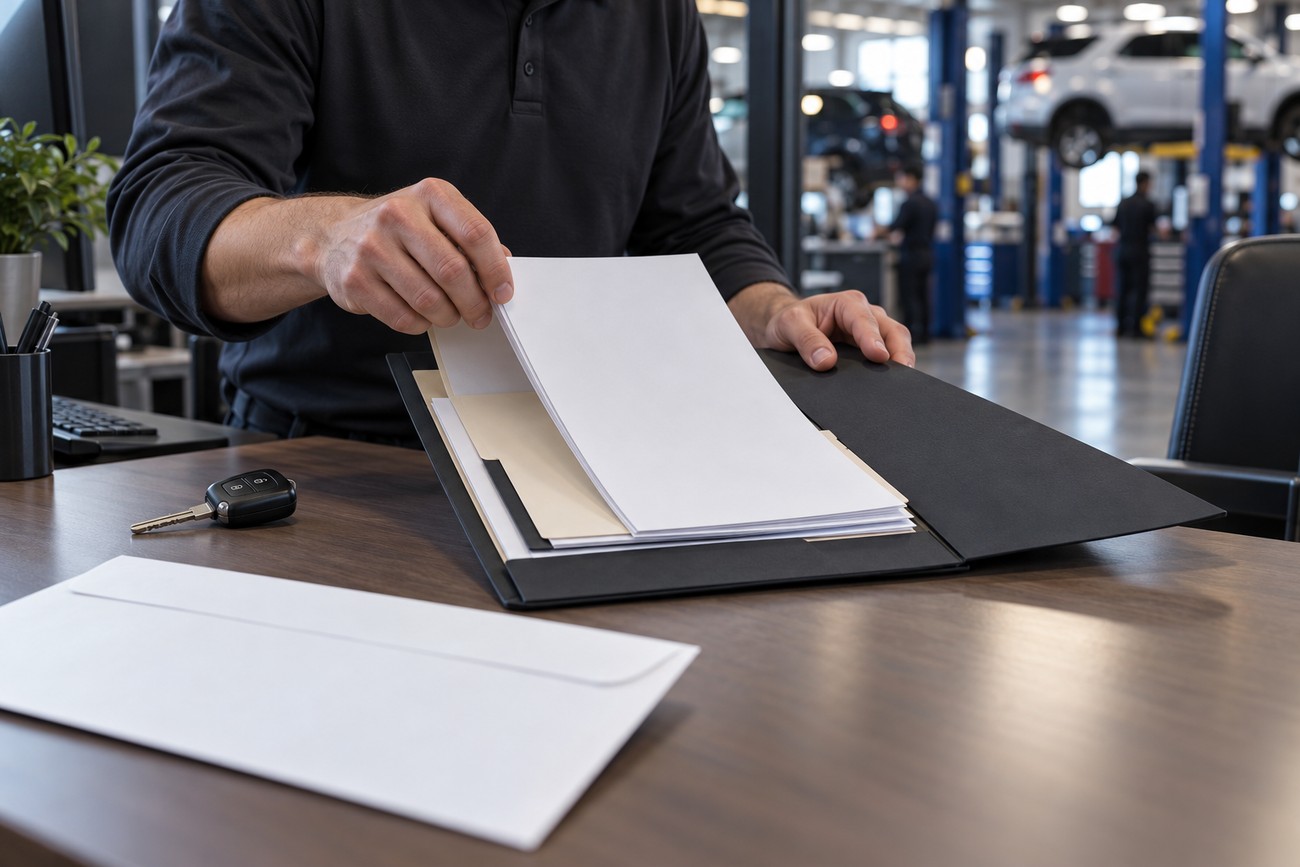 A mechanic holding paper documents from a black folder with a car key on the desk in a service center