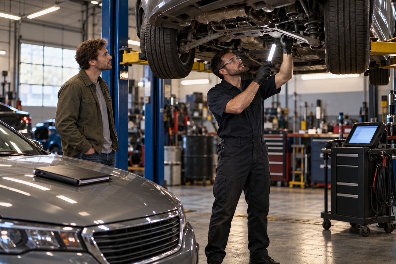 A mechanic inspecting a car on a lift while the owner observes next to a service binder