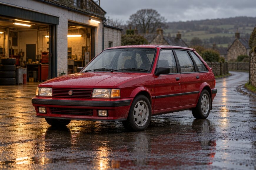 Red MG Maestro Turbo parked on a wet asphalt road in front of a brightly lit garage