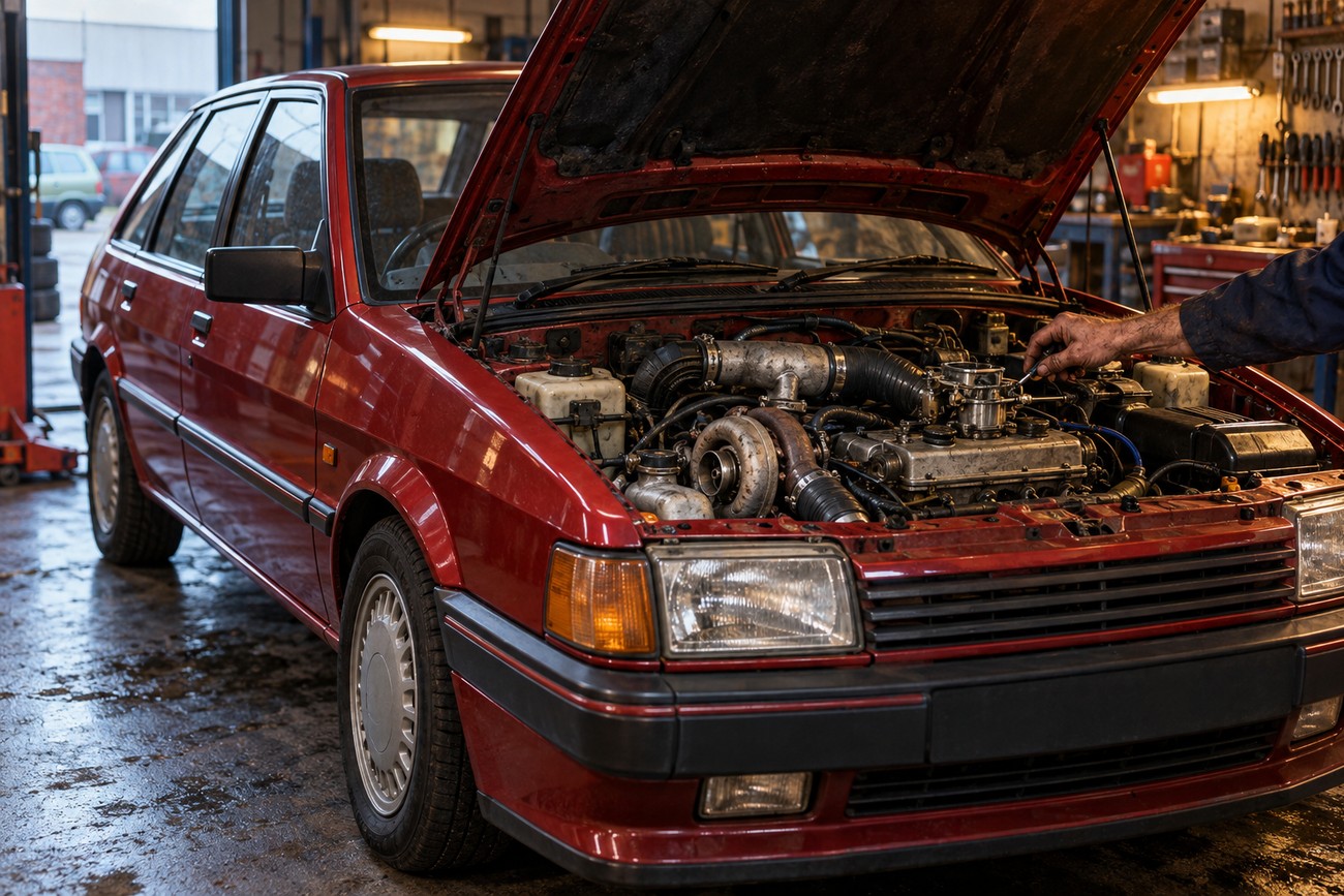 Mechanic working on the turbocharged engine of a classic red MG Maestro Turbo inside a garage