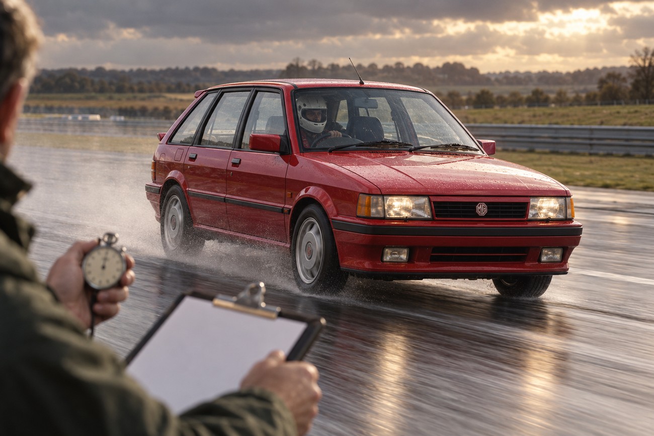 A red MG Maestro Turbo driving on a wet track while a tester holds a stopwatch and clipboard