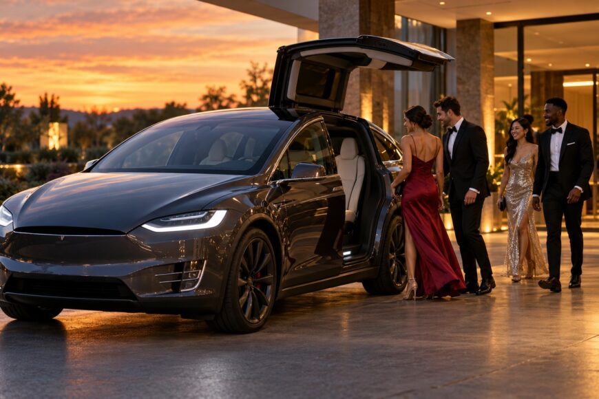 Two couples in formal wear getting ready to board a luxury Tesla Model X with open falcon wing doors at sunset