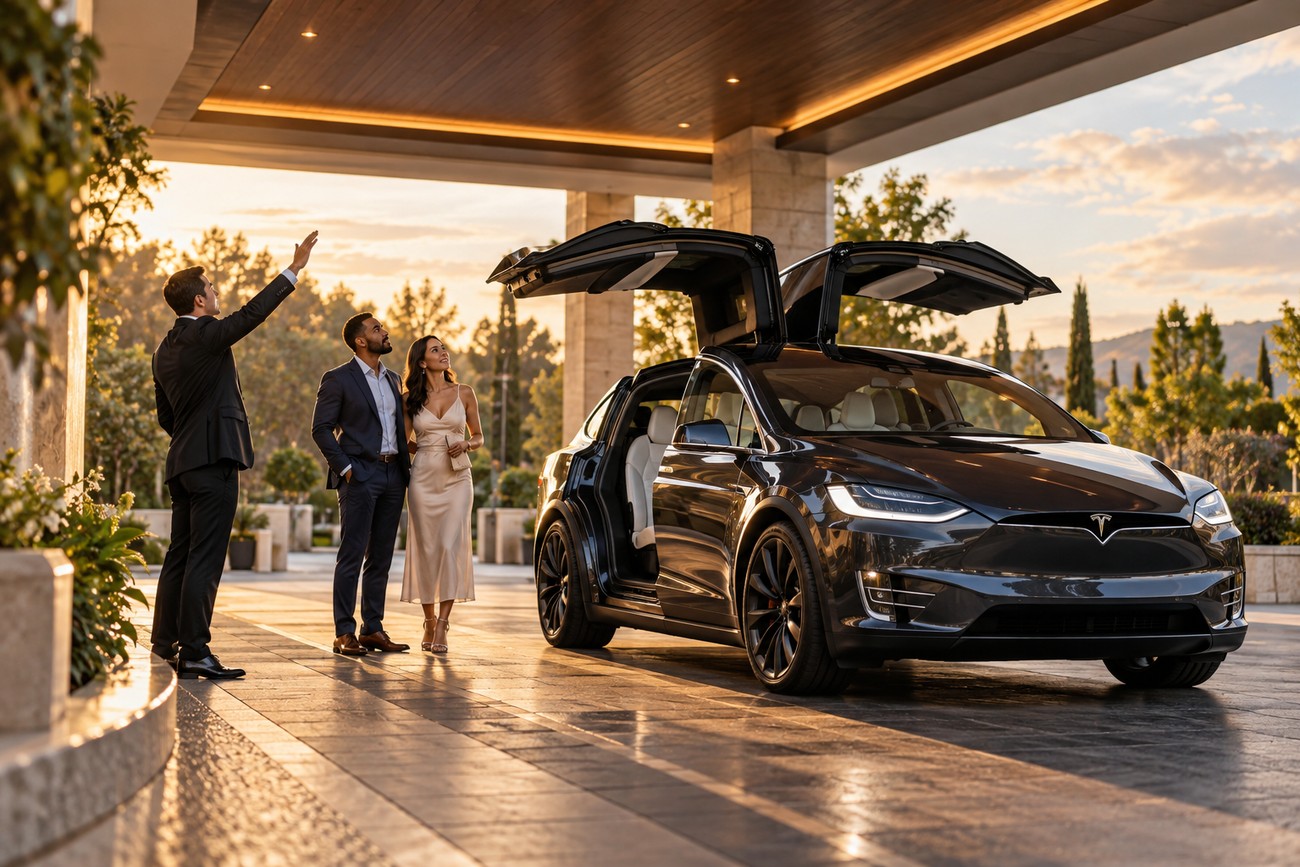 A couple in formal attire admiring a black Tesla Model X with open falcon wing doors while a valet points outward under a hotel portico at sunset