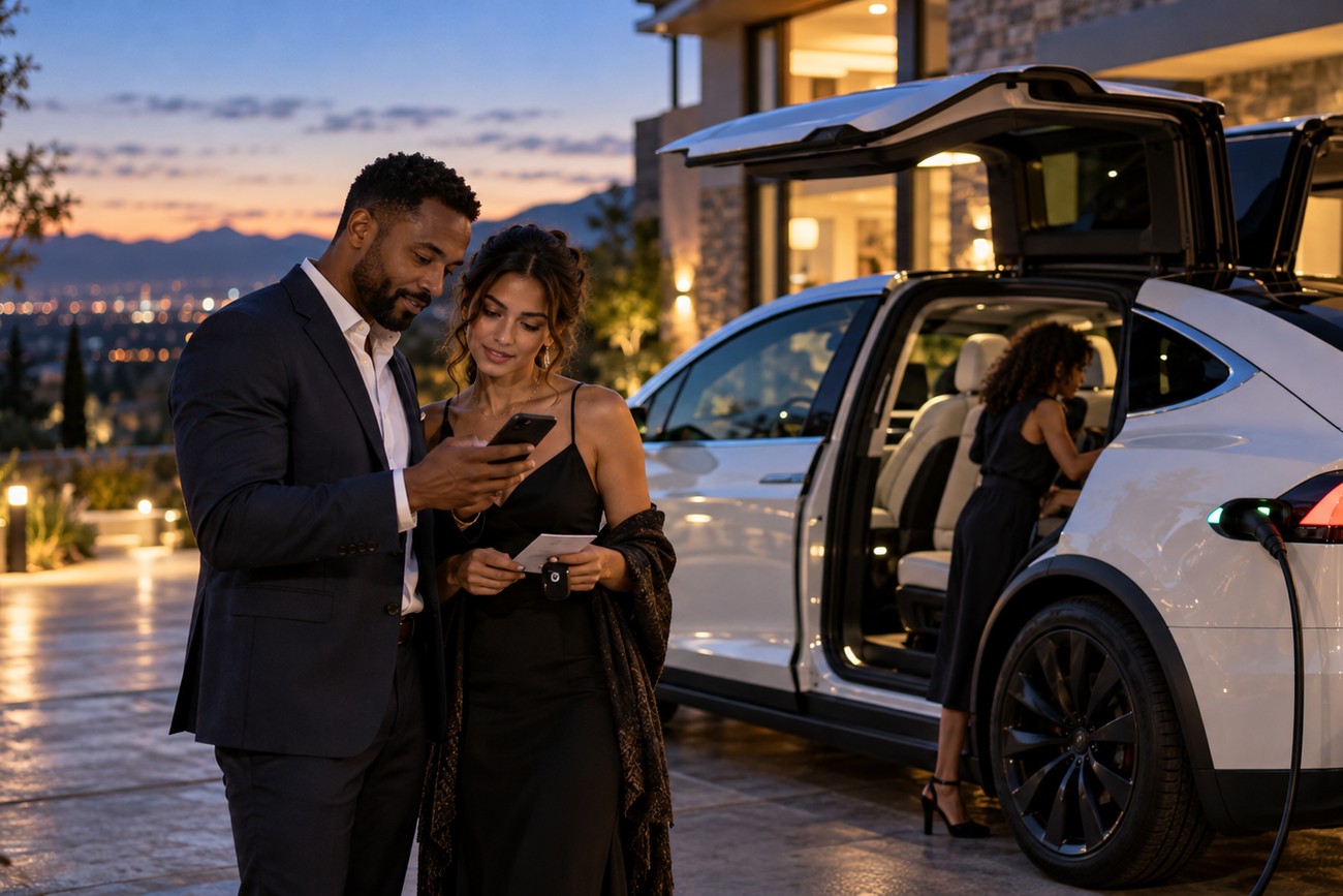 An elegantly dressed couple looking at a smartphone next to a white Tesla Model X with open doors for prom