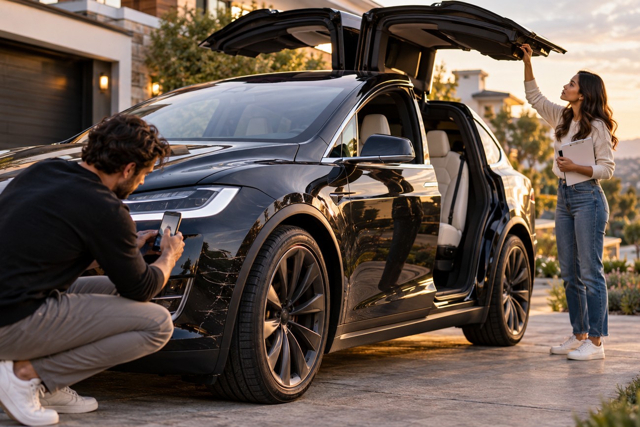 A man taking a photo of a black Tesla Model X rental car with open falcon-wing doors while an agent stands by