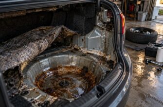 Severely rusted spare tire well and trunk floor inside an open car trunk with water damage